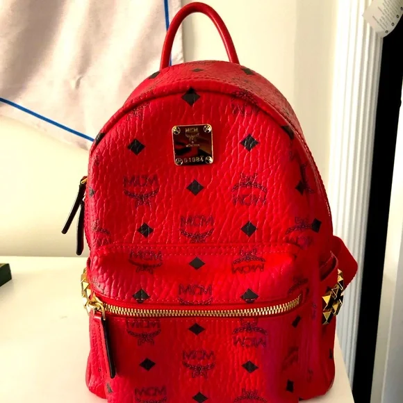 MCM Bags Studded Red Mcm Backpack Poshmark
